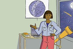 Illustration einer Forscherin vor einem Teleskop