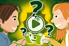 App-Titelbild: Zwei Kinder mit Stromkabel und Stromstecker, darum Fragezeichen und ein Play-Button