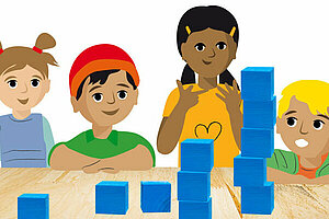 Illustration von Kindern vor blauen Bauklötzen