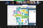 Screenshot einer Zoom-Onlinekonferenz, Bildschim eines MIRO-Boards ist zu sehen mit vielen Post-its, auf denen die Teilnehmenden digital zusammenarbeiten