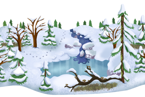 Eine illustrierte Winterlandschaft mit Bäumen, einem zugefrorenen See und Tierspuren im Schnee.
