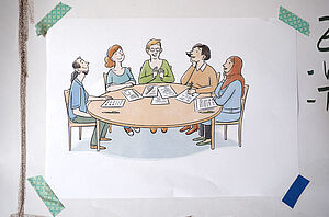 Zeichnung von Kitaleiterin am runden Tisch mit ihrem Team