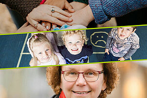 Fotomontage eines Bildes mit Händen, einer Gruppe Kinder und einer Frau