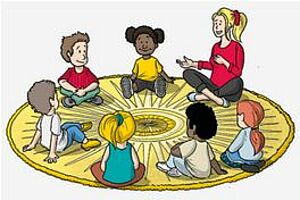 Zeichnung: Erzieherin mit sechs Kindern im Gesprächskeis